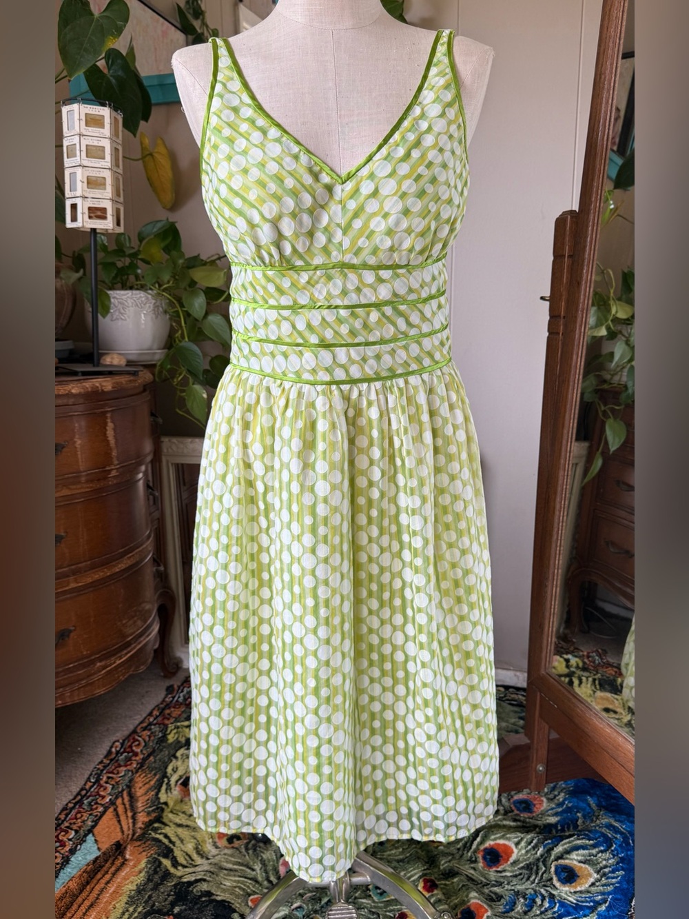 GNW Lime Green and White Polka Dot Midi Dress, size 12